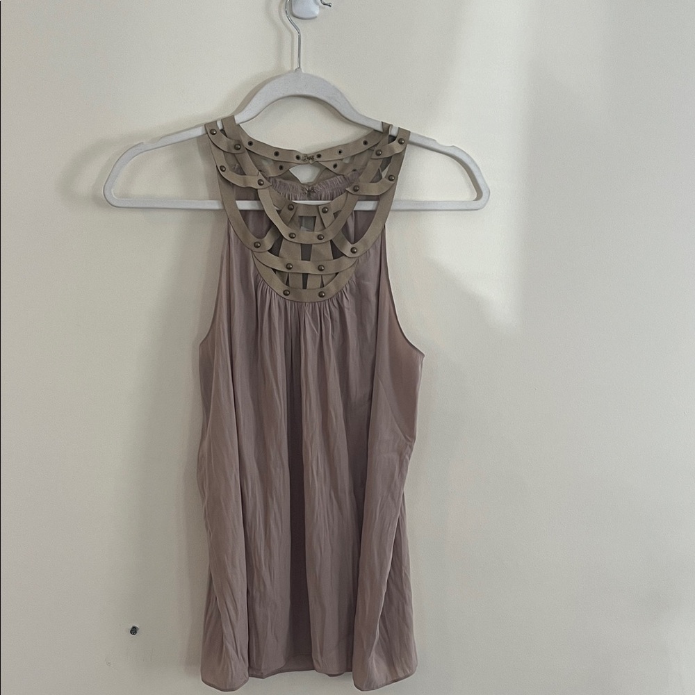 Ramy‎ Brook Bohemian Top Faux Leather Metal Gladiator Flowy Tan Brass S Boho
